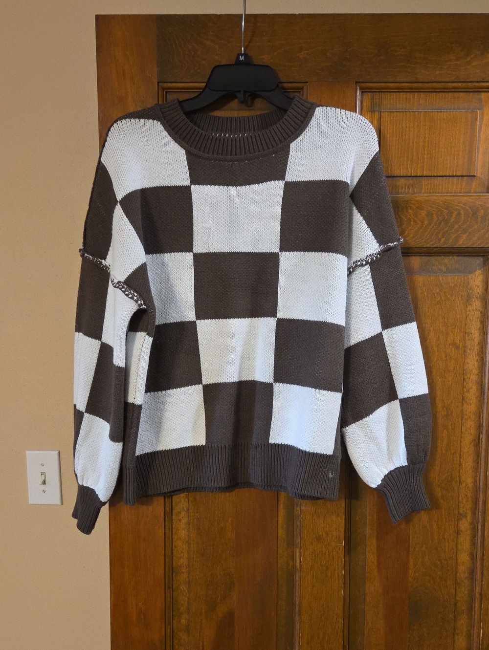 Checkerboard Crewneck Sweater - Brown & White